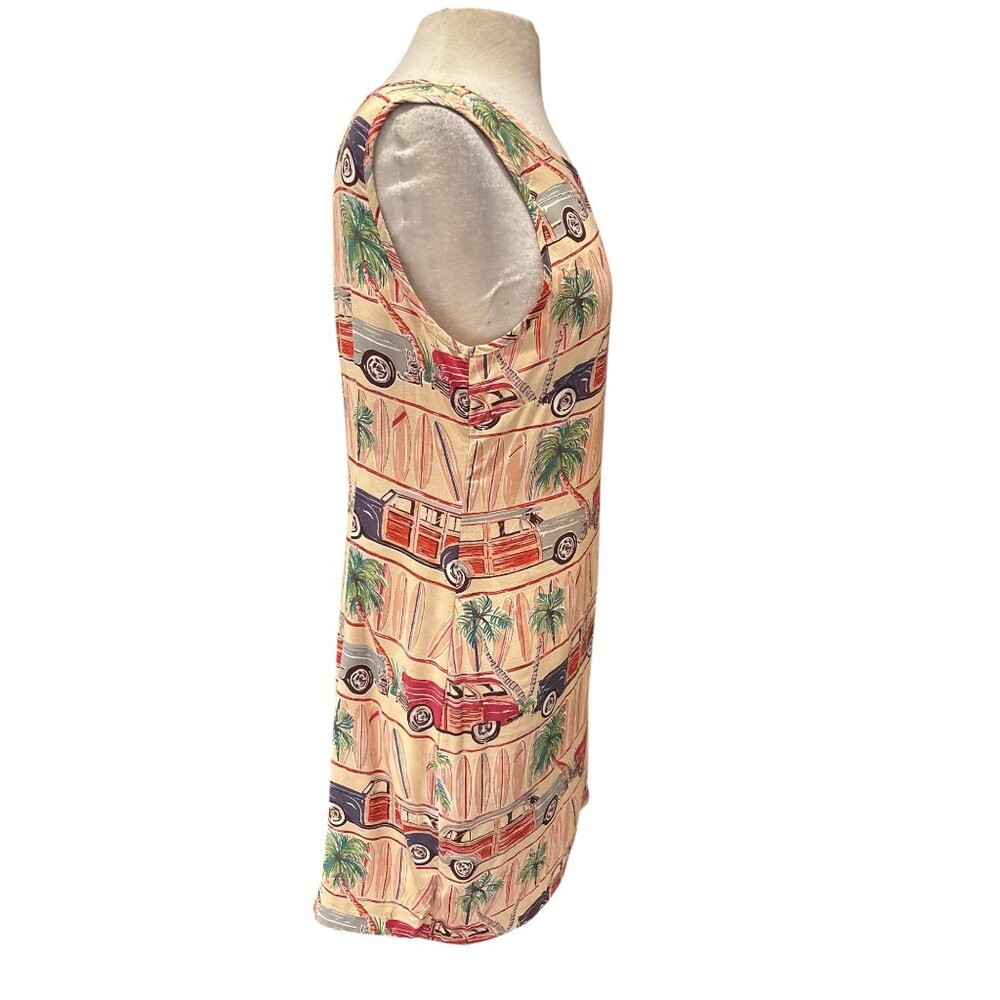 Vintage-Inspired Sleeveless Dress With Surf Cars & Palm Trees Print Rayon Fabri - Picture 4 of 7